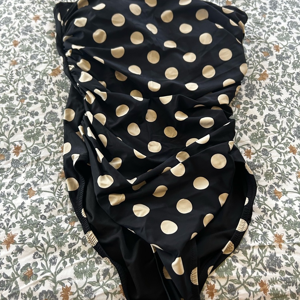 J. Crew  Gemma ruched bandeau Navy and Cream Polka Dot One Piece Swimsuit